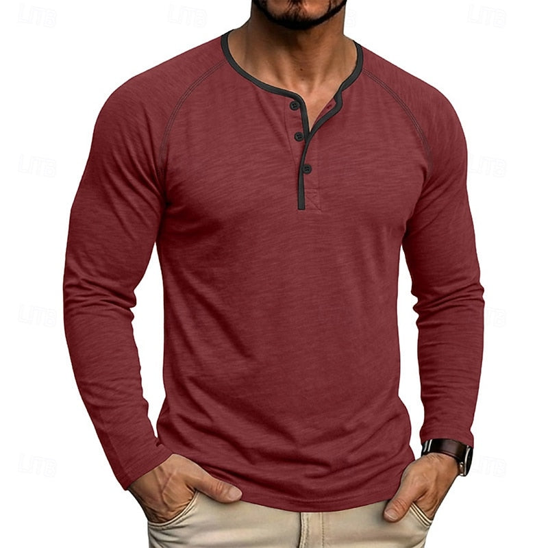 Henley Shirt Long Sleeve Men's Cotton Button Neck Green Top – Casual, Office, Holiday, Gift