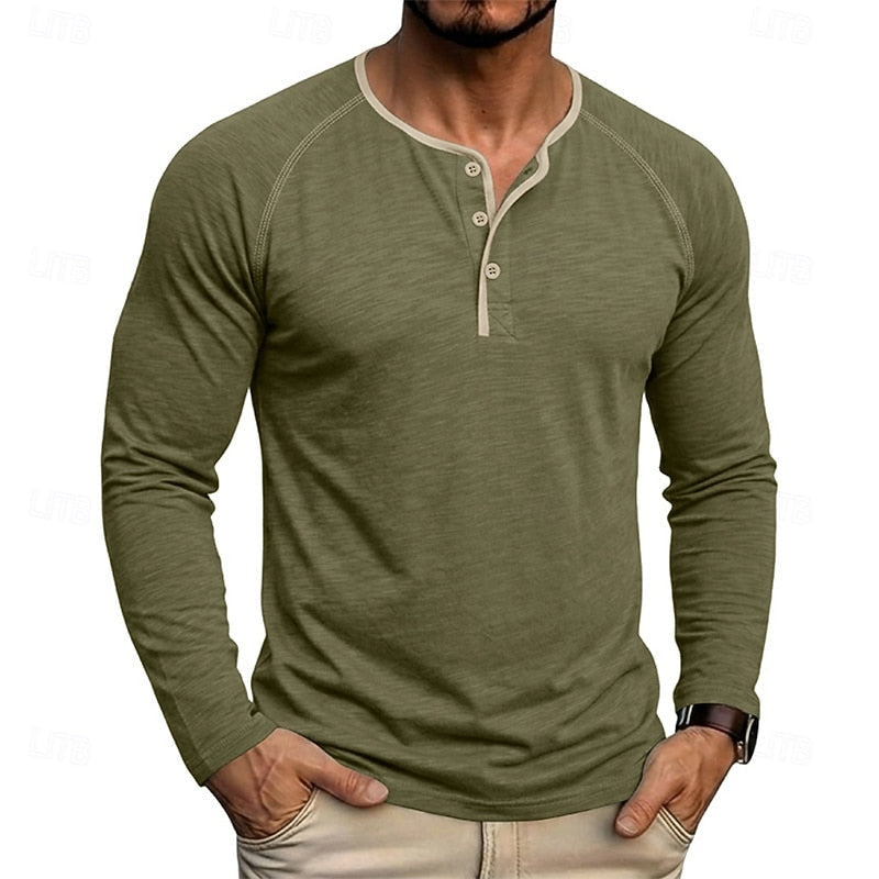 Henley Shirt Long Sleeve Men's Cotton Button Neck Green Top – Casual, Office, Holiday, Gift