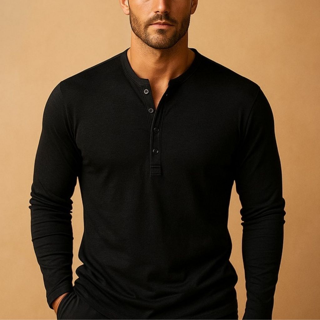 Henley Shirt Men's Cotton Long Sleeve Button Placket Slim Fit – Casual, Office, Everyday Wear