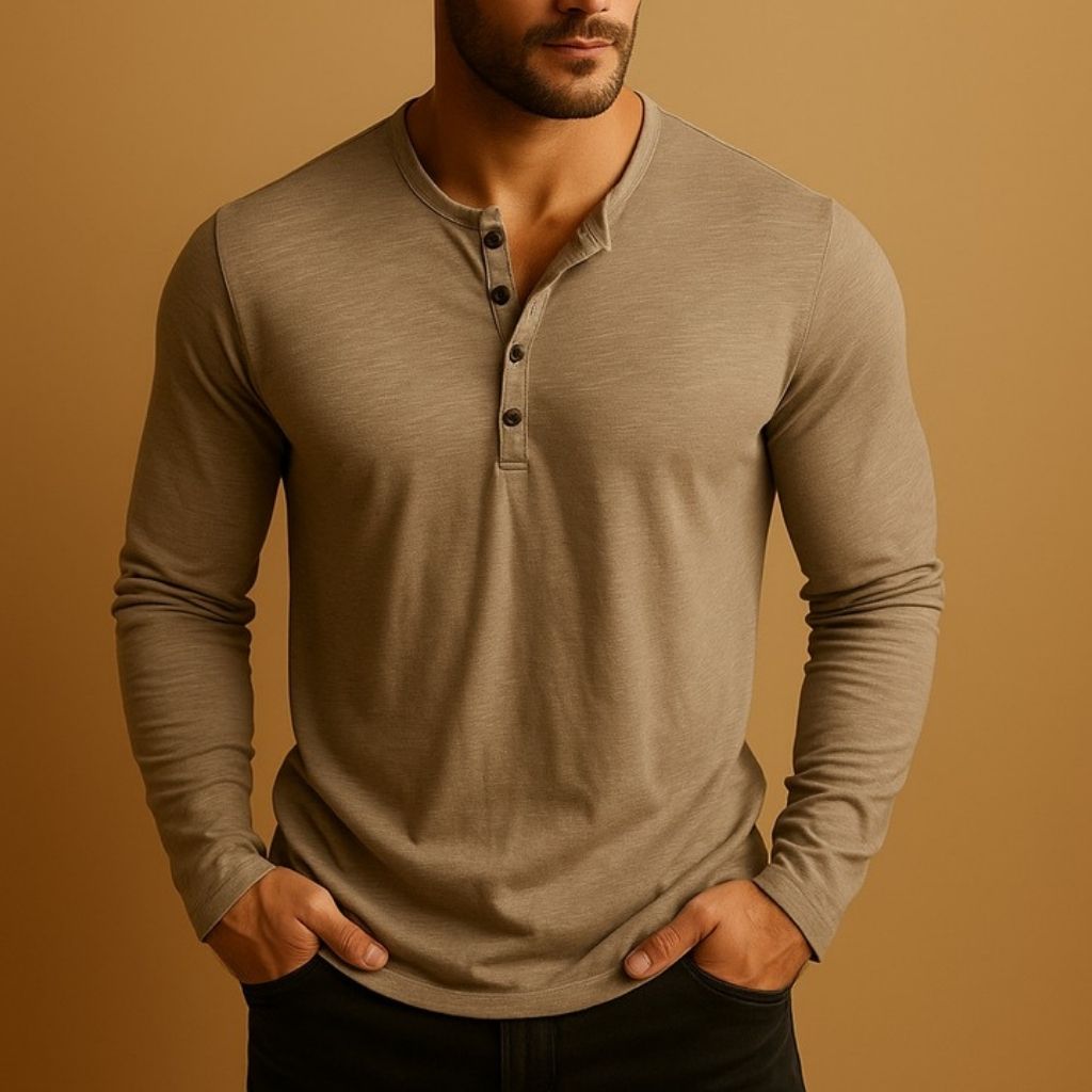 Henley Shirt Men's Cotton Long Sleeve Button Placket Slim Fit – Casual, Office, Everyday Wear