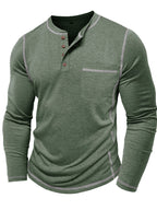 Henley Shirt Men's Long Sleeve Cotton Contrast Stitch Chest Pocket Khaki – Casual, Office, Everyday Gift