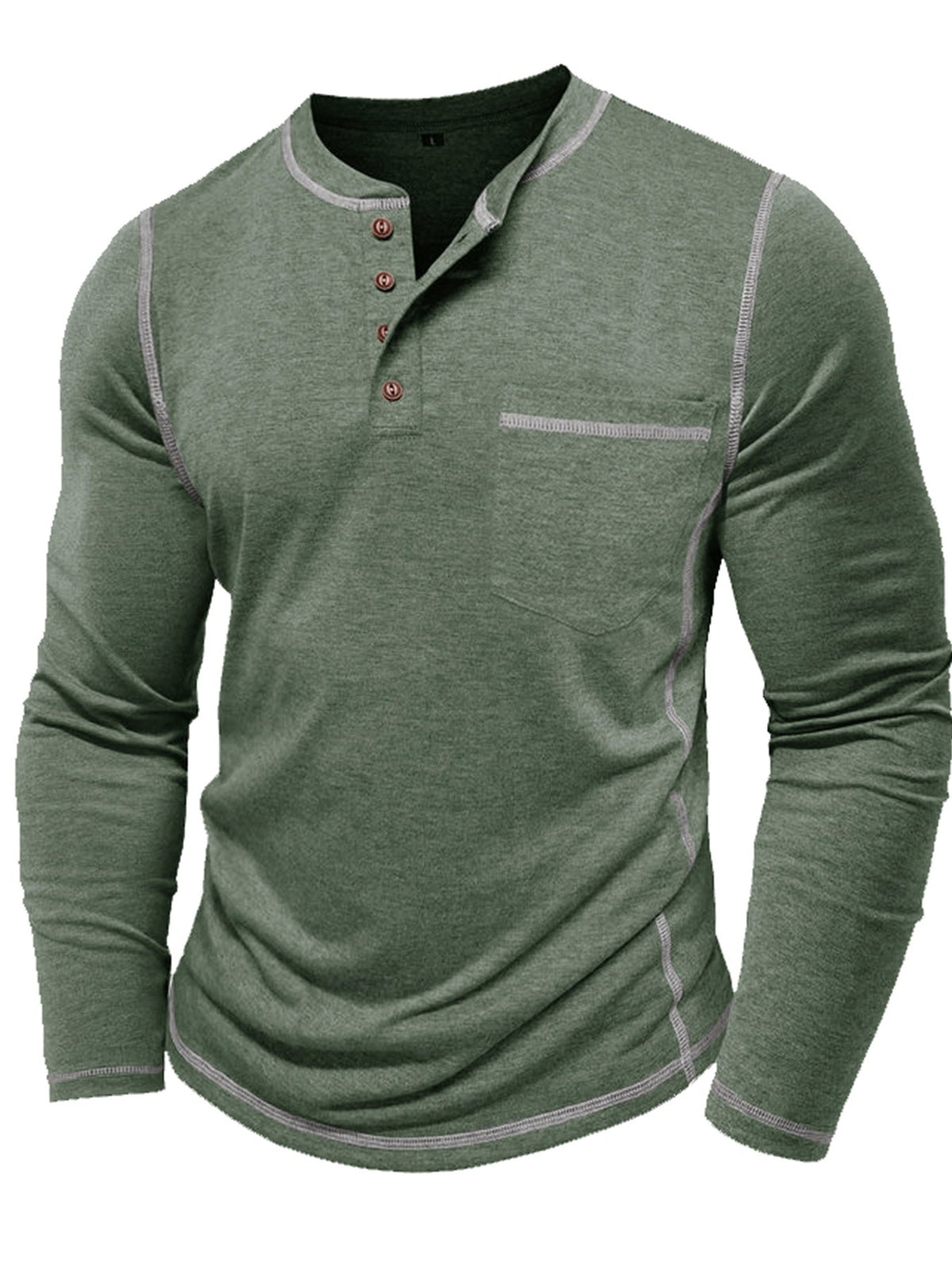 Henley Shirt Men's Long Sleeve Cotton Contrast Stitch Chest Pocket Khaki – Casual, Office, Everyday Gift