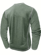 Henley Shirt Men's Long Sleeve Cotton Contrast Stitch Chest Pocket Khaki – Casual, Office, Everyday Gift