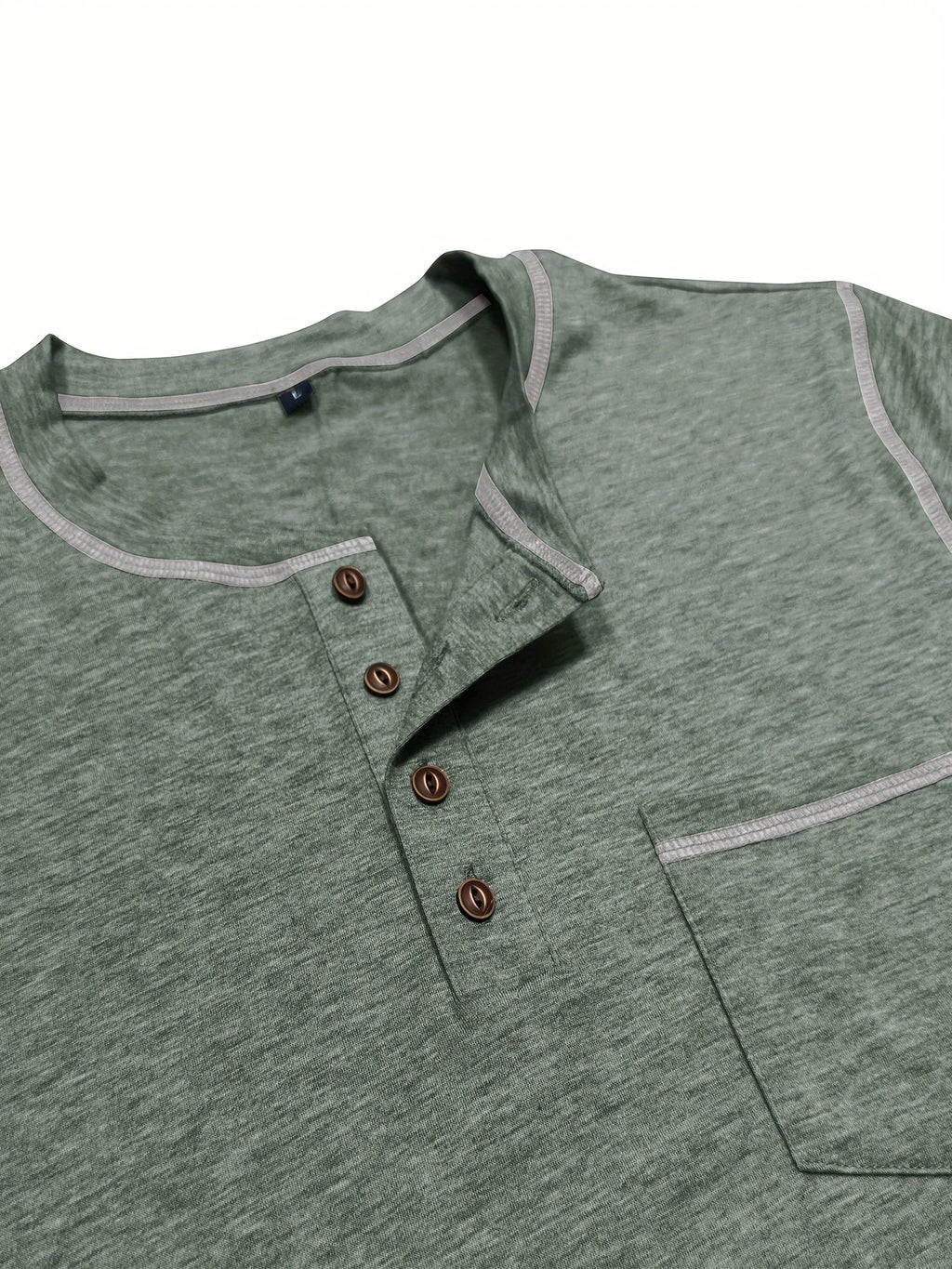 Henley Shirt Men's Long Sleeve Cotton Contrast Stitch Chest Pocket Khaki – Casual, Office, Everyday Gift