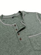 Henley Shirt Men's Long Sleeve Cotton Contrast Stitch Chest Pocket Khaki – Casual, Office, Everyday Gift