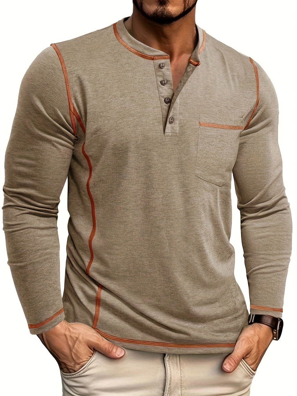 Henley Shirt Men's Long Sleeve Cotton Contrast Stitch Chest Pocket Khaki – Casual, Office, Everyday Gift