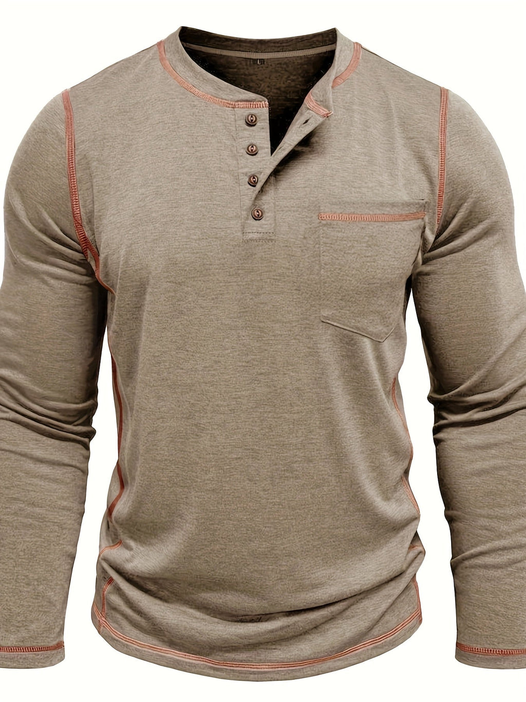 Henley Shirt Men's Long Sleeve Cotton Contrast Stitch Chest Pocket Khaki – Casual, Office, Everyday Gift