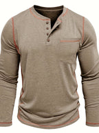 Henley Shirt Men's Long Sleeve Cotton Contrast Stitch Chest Pocket Khaki – Casual, Office, Everyday Gift