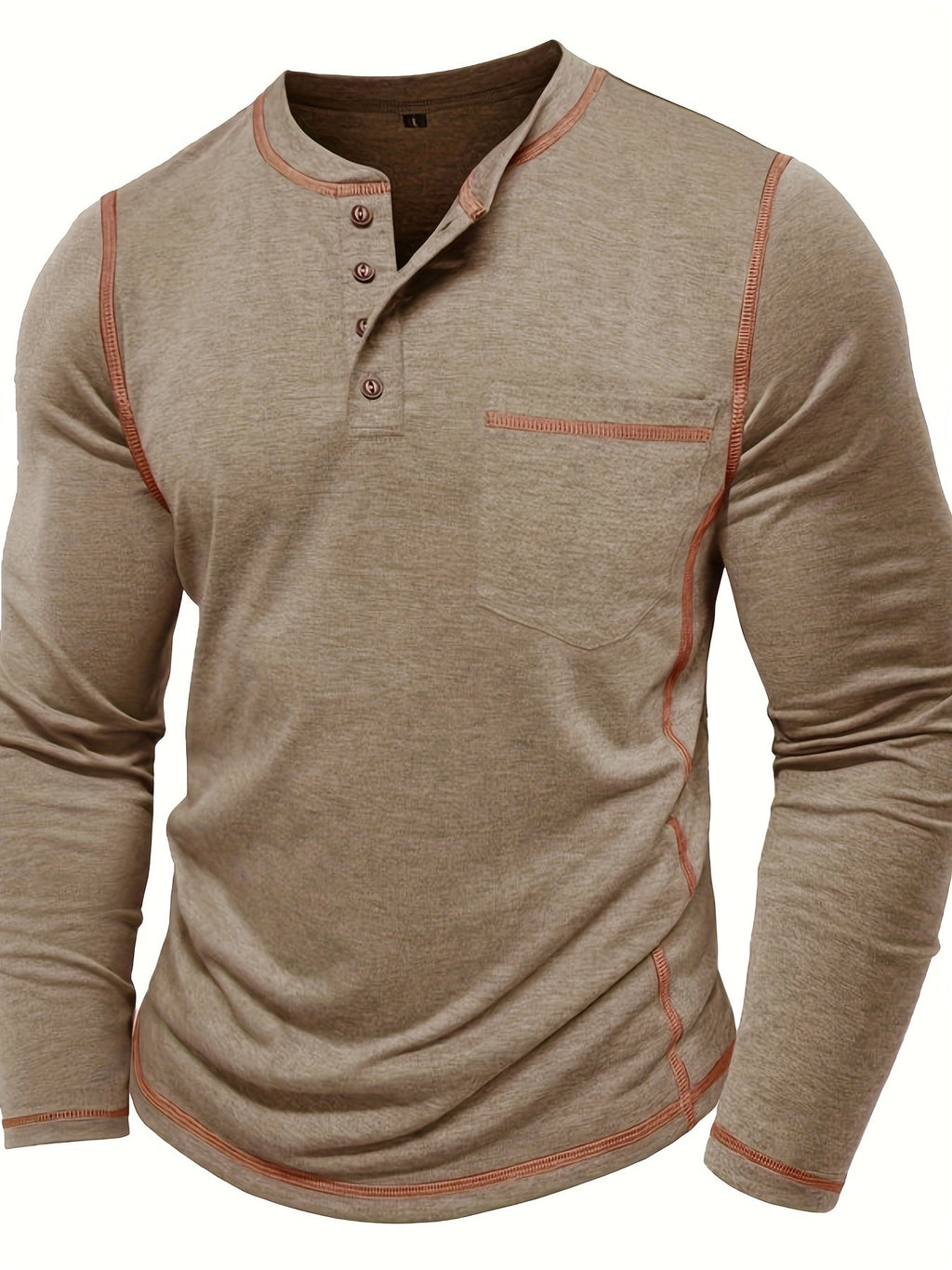 Henley Shirt Men's Long Sleeve Cotton Contrast Stitch Chest Pocket Khaki – Casual, Office, Everyday Gift