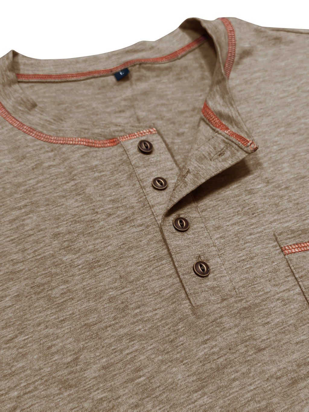 Henley Shirt Men's Long Sleeve Cotton Contrast Stitch Chest Pocket Khaki – Casual, Office, Everyday Gift