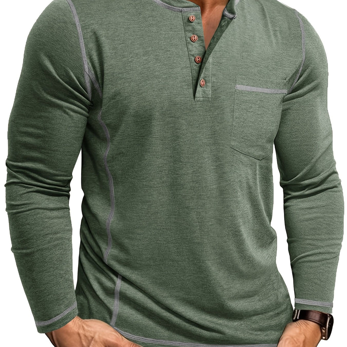 Henley Shirt Men's Long Sleeve Cotton Contrast Stitch Chest Pocket Khaki – Casual, Office, Everyday Gift