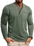 Henley Shirt Men's Long Sleeve Cotton Contrast Stitch Chest Pocket Khaki – Casual, Office, Everyday Gift