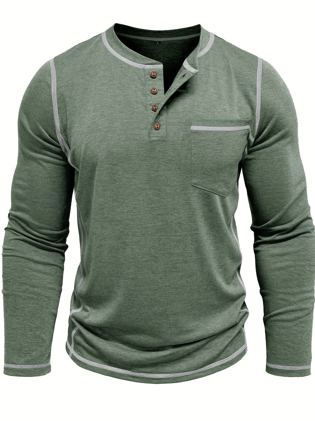 Henley Shirt Men's Long Sleeve Cotton Contrast Stitch Chest Pocket Khaki – Casual, Office, Everyday Gift