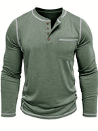 Henley Shirt Men's Long Sleeve Cotton Contrast Stitch Chest Pocket Khaki – Casual, Office, Everyday Gift