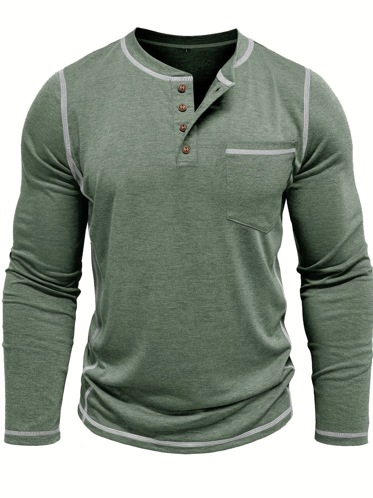 Henley Shirt Men's Long Sleeve Cotton Contrast Stitch Chest Pocket Khaki – Casual, Office, Everyday Gift