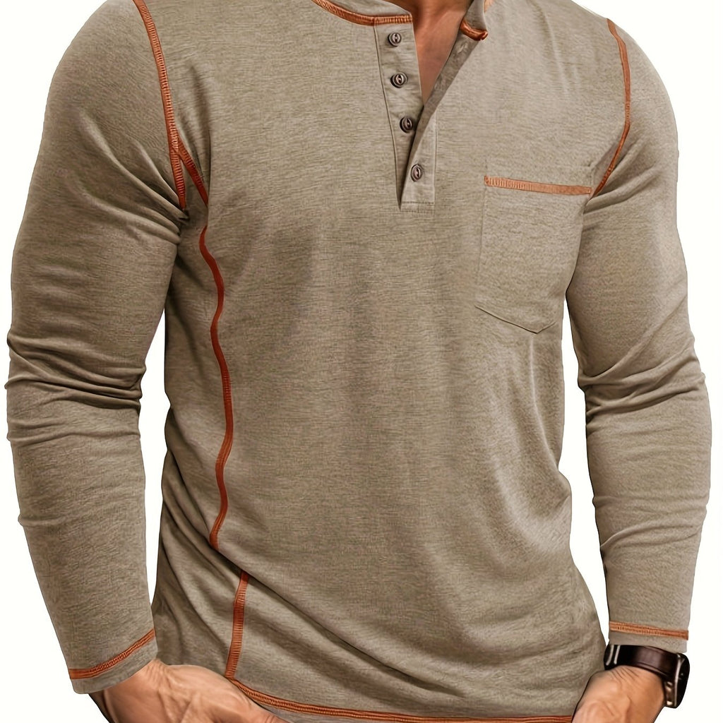 Henley Shirt Men's Long Sleeve Cotton Contrast Stitch Chest Pocket Khaki – Casual, Office, Everyday Gift