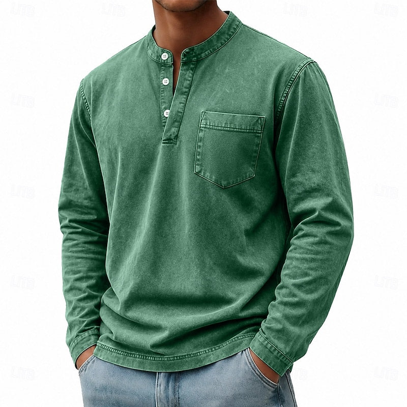 Henley Shirt Men's Vintage Washed Cotton Long Sleeve with Pocket – Casual, Office, Everyday Wear