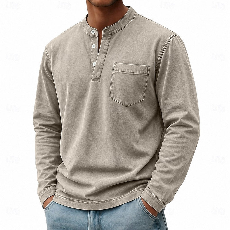Henley Shirt Men's Vintage Washed Cotton Long Sleeve with Pocket – Casual, Office, Everyday Wear
