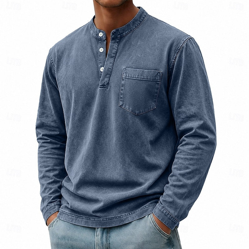 Henley Shirt Men's Vintage Washed Cotton Long Sleeve with Pocket – Casual, Office, Everyday Wear