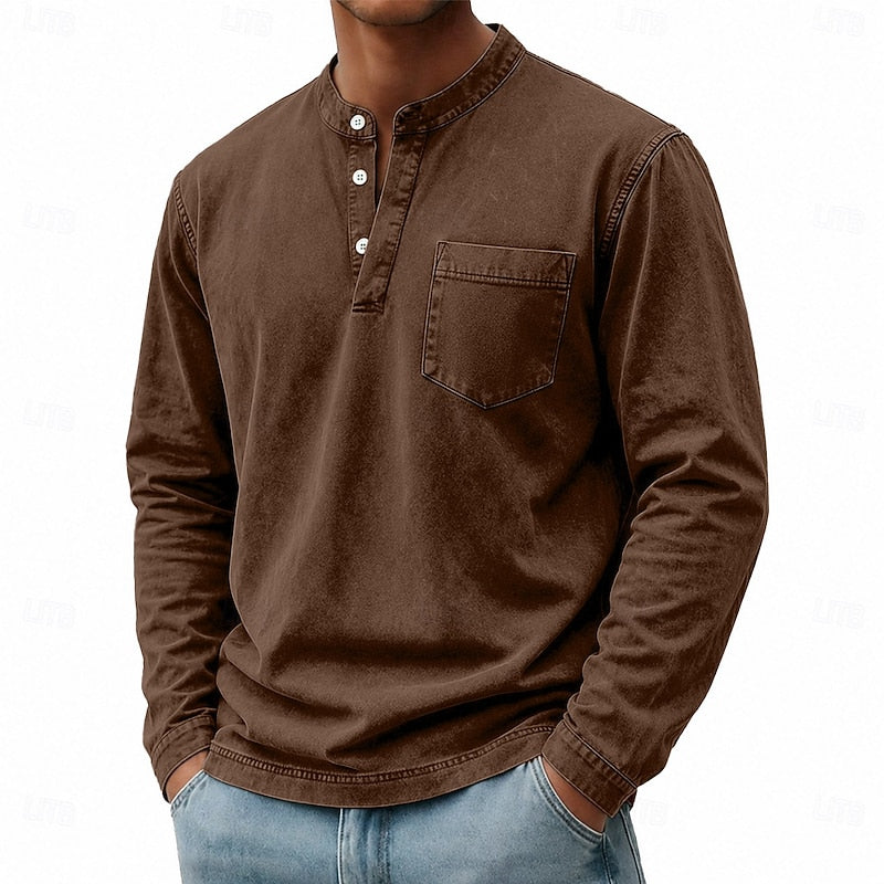 Henley Shirt Men's Vintage Washed Cotton Long Sleeve with Pocket – Casual, Office, Everyday Wear