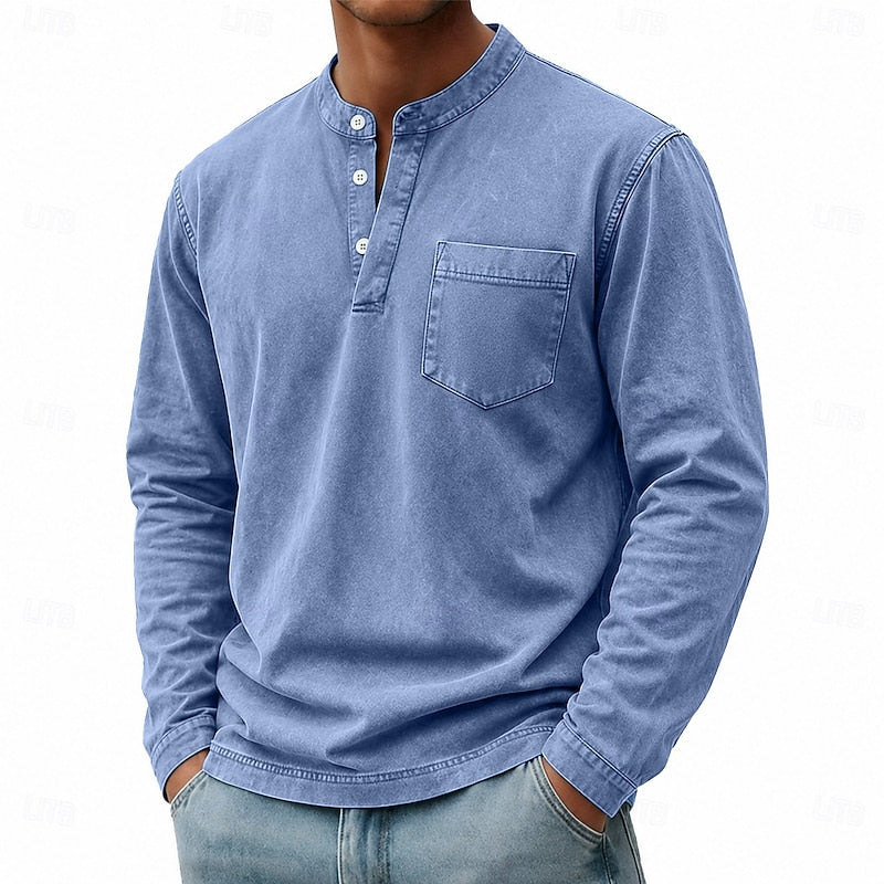 Henley Shirt Men's Vintage Washed Cotton Long Sleeve with Pocket – Casual, Office, Everyday Wear