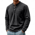 Henley Shirt Men's Vintage Washed Cotton Long Sleeve with Pocket – Casual, Office, Everyday Wear
