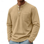 Henley Shirt Men's Vintage Washed Cotton Long Sleeve with Pocket – Casual, Office, Everyday Wear