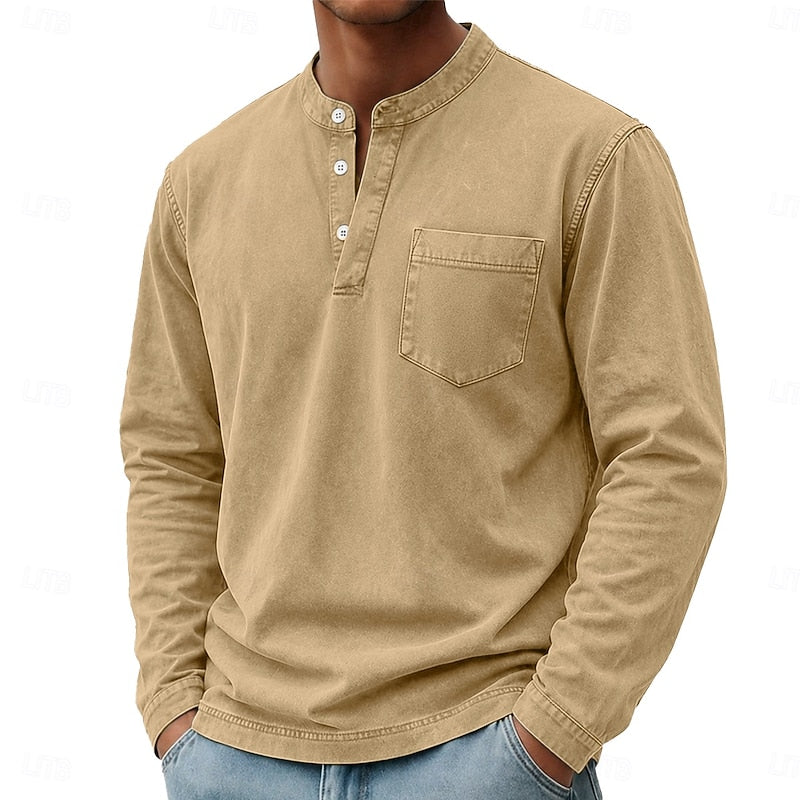 Henley Shirt Men's Vintage Washed Cotton Long Sleeve with Pocket – Casual, Office, Everyday Wear