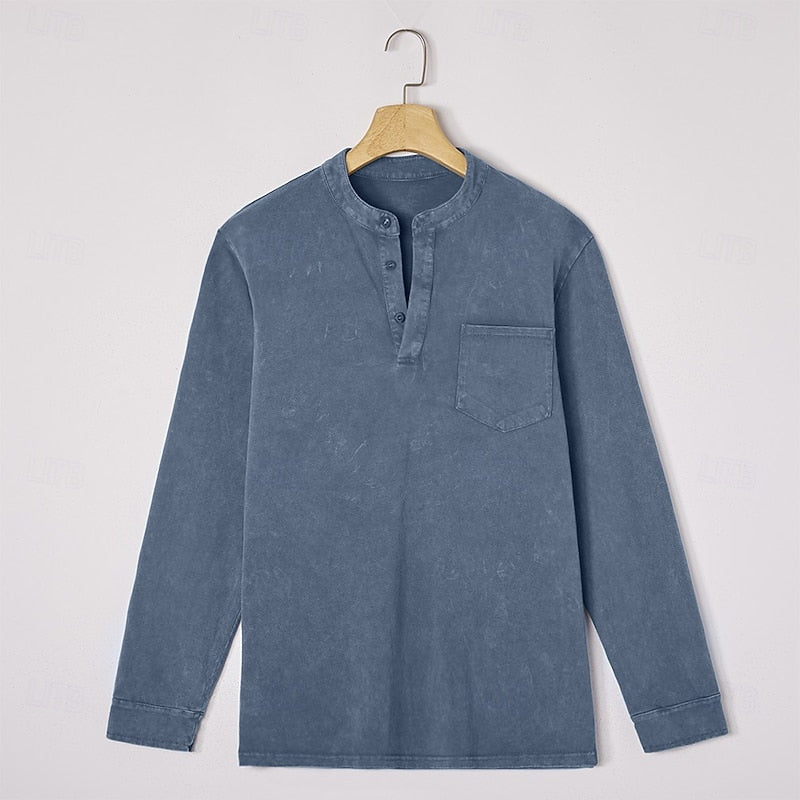 Henley Shirt Men's Vintage Washed Cotton Long Sleeve with Pocket – Casual, Office, Everyday Wear