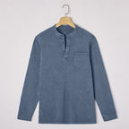 Henley Shirt Men's Vintage Washed Cotton Long Sleeve with Pocket – Casual, Office, Everyday Wear