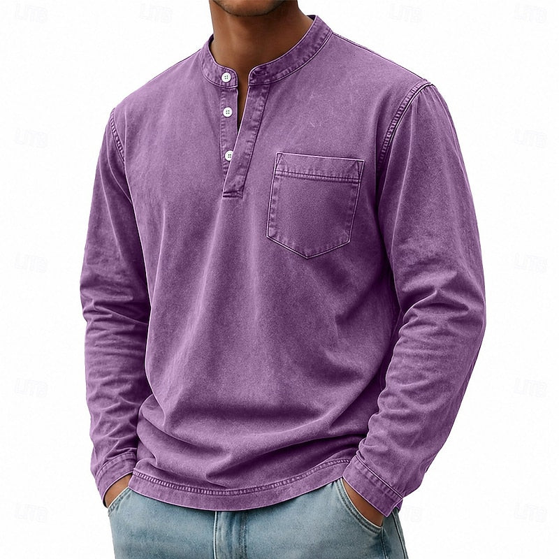 Henley Shirt Men's Vintage Washed Cotton Long Sleeve with Pocket – Casual, Office, Everyday Wear