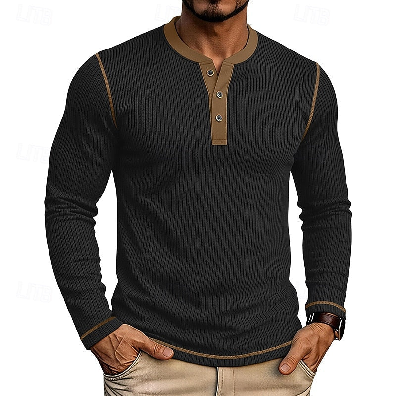 Henley Shirt Ribbed Knit Long Sleeve Men's Contrast Trim – Casual, Office, Everyday Wear