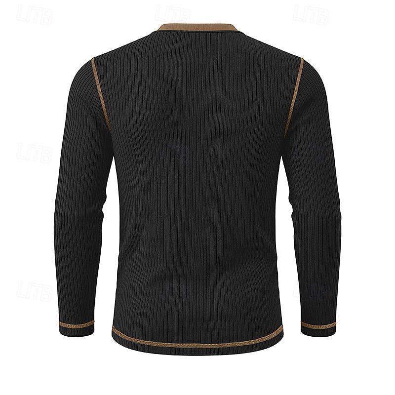 Henley Shirt Ribbed Knit Long Sleeve Men's Contrast Trim – Casual, Office, Everyday Wear
