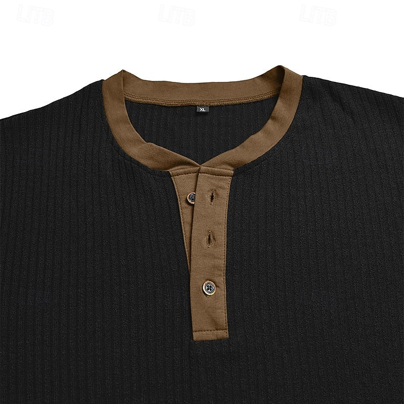 Henley Shirt Ribbed Knit Long Sleeve Men's Contrast Trim – Casual, Office, Everyday Wear