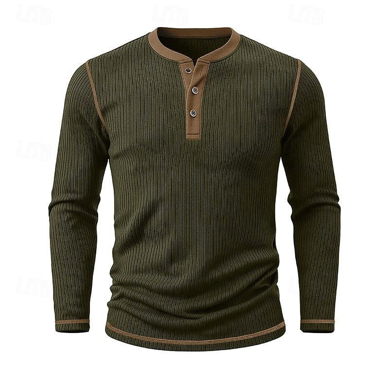 Henley Shirt Ribbed Knit Long Sleeve Men's Contrast Trim – Casual, Office, Everyday Wear