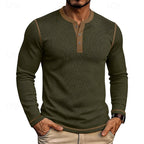 Henley Shirt Ribbed Knit Long Sleeve Men's Contrast Trim – Casual, Office, Everyday Wear