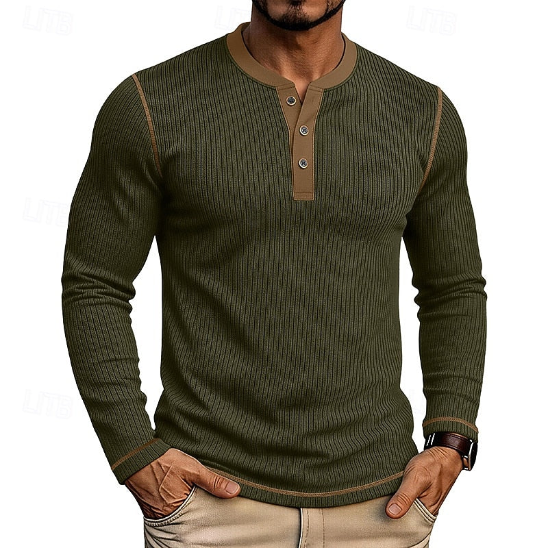 Henley Shirt Ribbed Knit Long Sleeve Men's Contrast Trim – Casual, Office, Everyday Wear