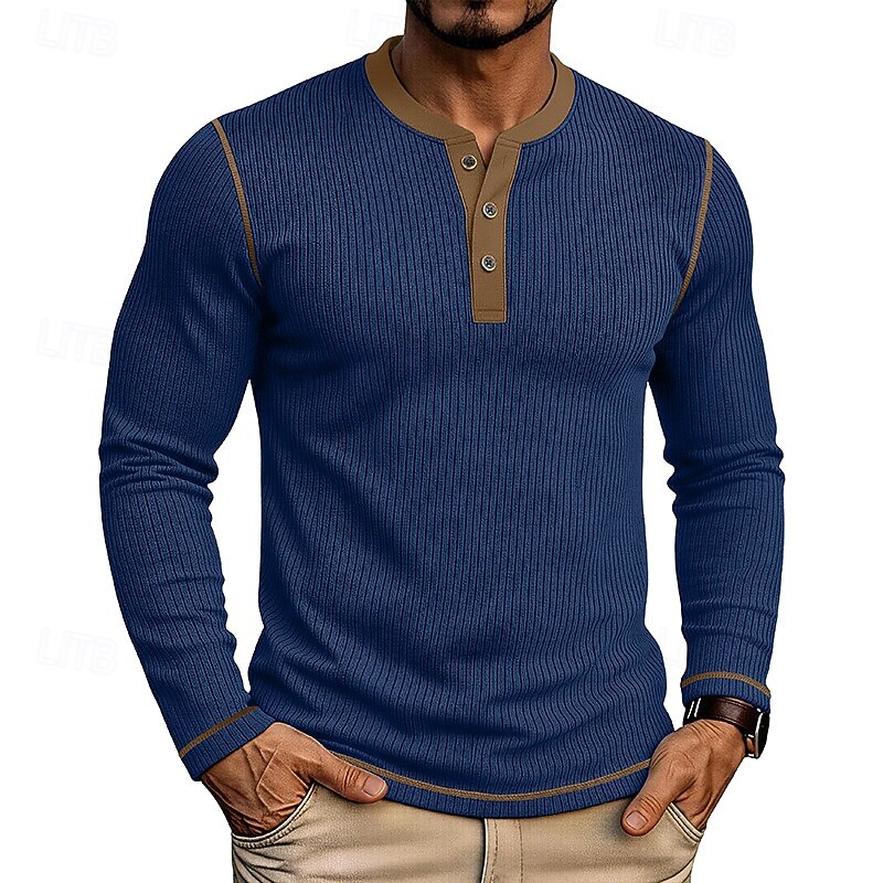 Henley Shirt Ribbed Knit Long Sleeve Men's Contrast Trim – Casual, Office, Everyday Wear