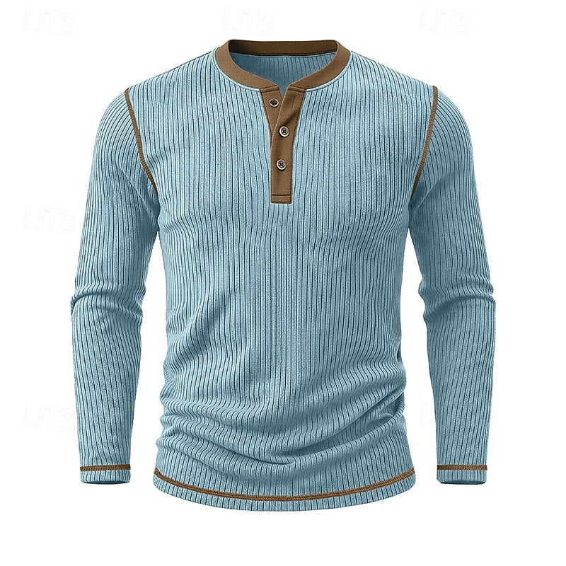 Henley Shirt Ribbed Knit Long Sleeve Men's Contrast Trim – Casual, Office, Everyday Wear