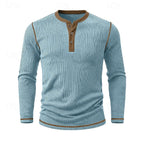 Henley Shirt Ribbed Knit Long Sleeve Men's Contrast Trim – Casual, Office, Everyday Wear