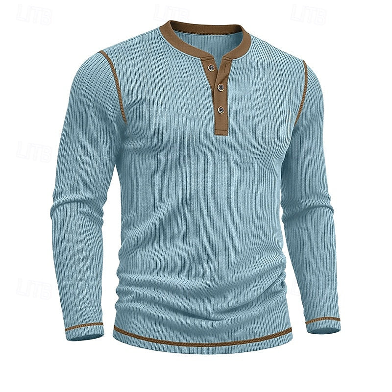 Henley Shirt Ribbed Knit Long Sleeve Men's Contrast Trim – Casual, Office, Everyday Wear