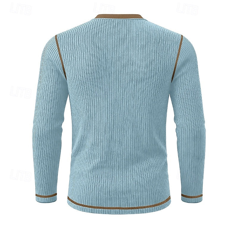 Henley Shirt Ribbed Knit Long Sleeve Men's Contrast Trim – Casual, Office, Everyday Wear