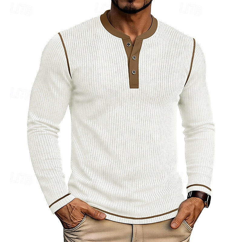 Henley Shirt Ribbed Knit Long Sleeve Men's Contrast Trim – Casual, Office, Everyday Wear
