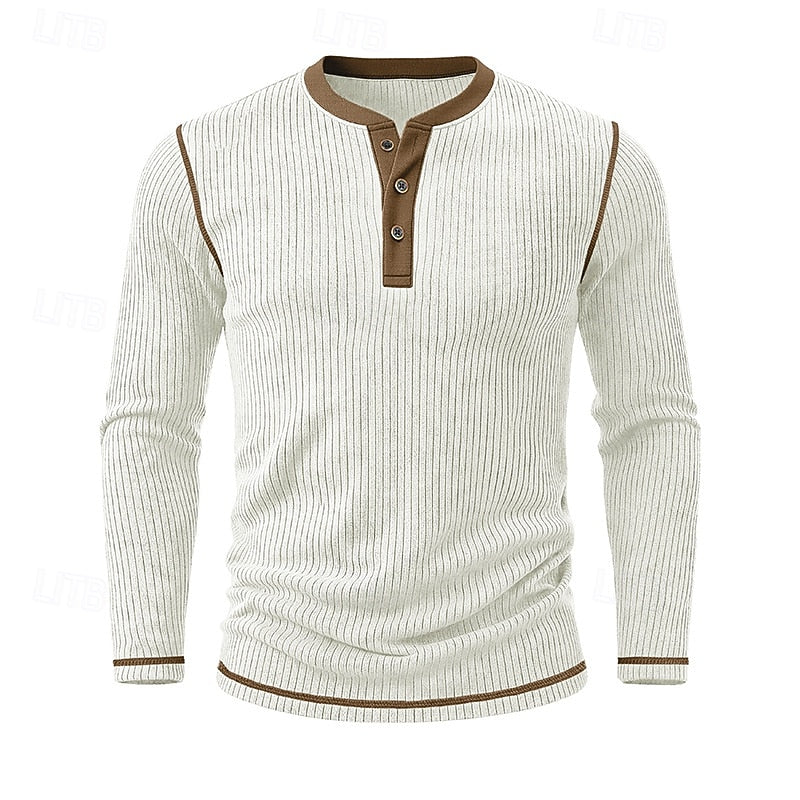 Henley Shirt Ribbed Knit Long Sleeve Men's Contrast Trim – Casual, Office, Everyday Wear