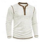 Henley Shirt Ribbed Knit Long Sleeve Men's Contrast Trim – Casual, Office, Everyday Wear