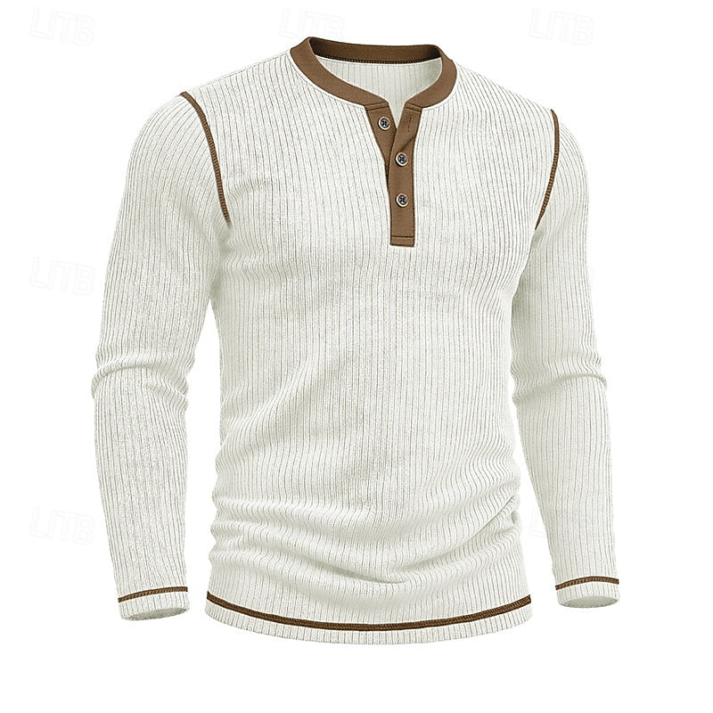 Henley Shirt Ribbed Knit Long Sleeve Men's Contrast Trim – Casual, Office, Everyday Wear