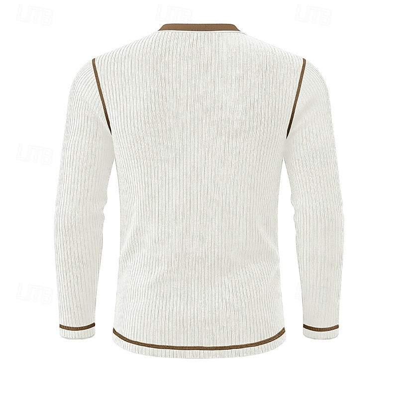 Henley Shirt Ribbed Knit Long Sleeve Men's Contrast Trim – Casual, Office, Everyday Wear