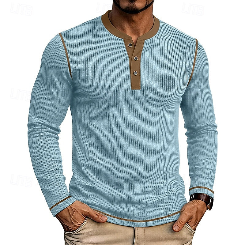 Henley Shirt Ribbed Knit Long Sleeve Men's Contrast Trim – Casual, Office, Everyday Wear