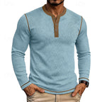 Henley Shirt Ribbed Knit Long Sleeve Men's Contrast Trim – Casual, Office, Everyday Wear