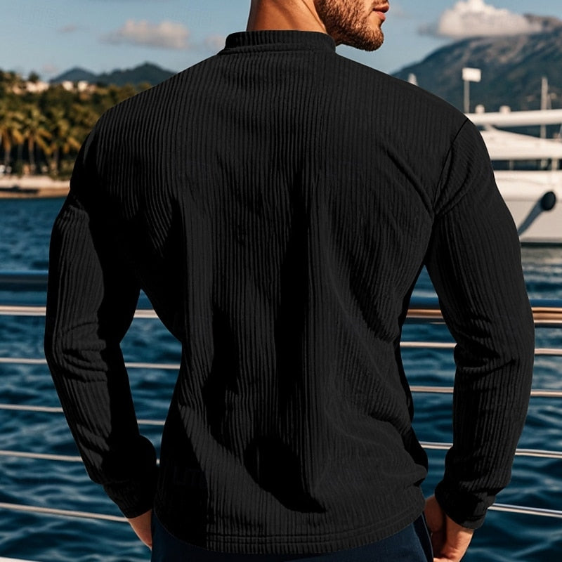 Henley Shirt Ribbed Long Sleeve Men's Brown Button Neck Top – Casual, Office, Holiday, Gift